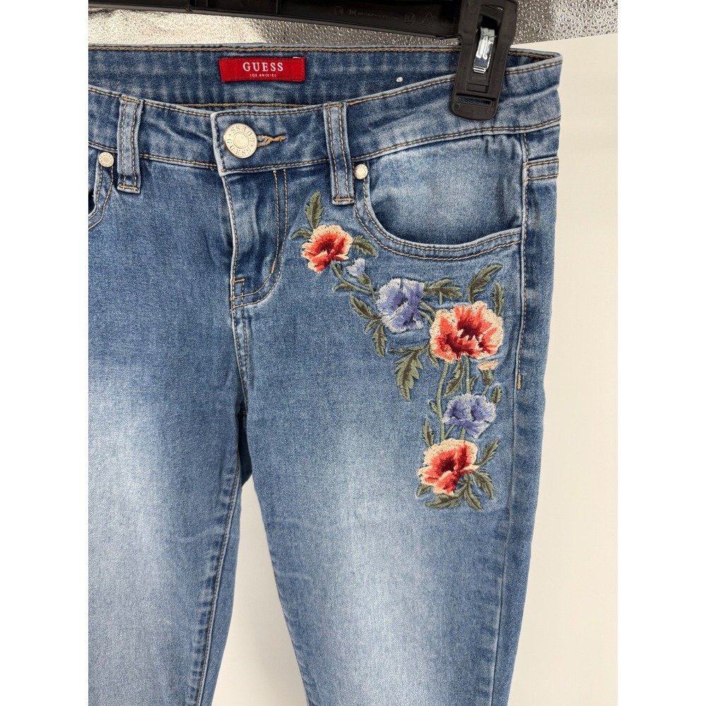 Guess Los Angeles Floral Embroidered Skinny Jeans Medium Wash Blue Size 27x27 - Picture 4 of 6